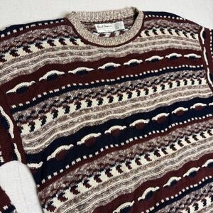 Vintage Knit Downs Coogi Style Pattern Crewneck Sweater Burgundy Navy Tan Large